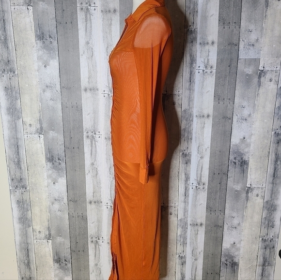 MESHKI XXS Jenny Mesh Ruched Maxi Dress in Burnt Orange - Picture 4 of 9